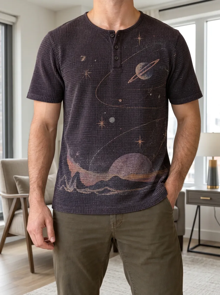 Men's Classic Space Astronomy Planet Waffle Henley T-Shirt
