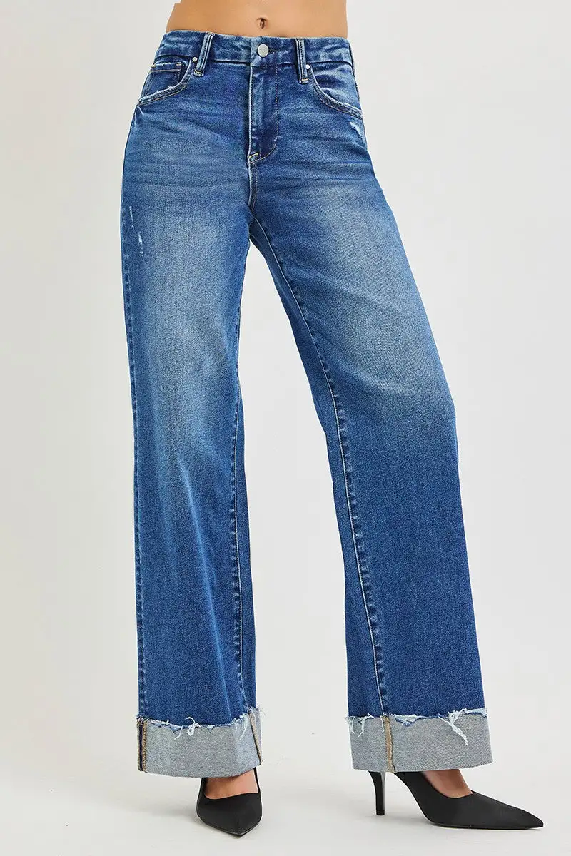 High Rise Raw Hem Cuffed Hem Relaxed Wide Leg Jeans