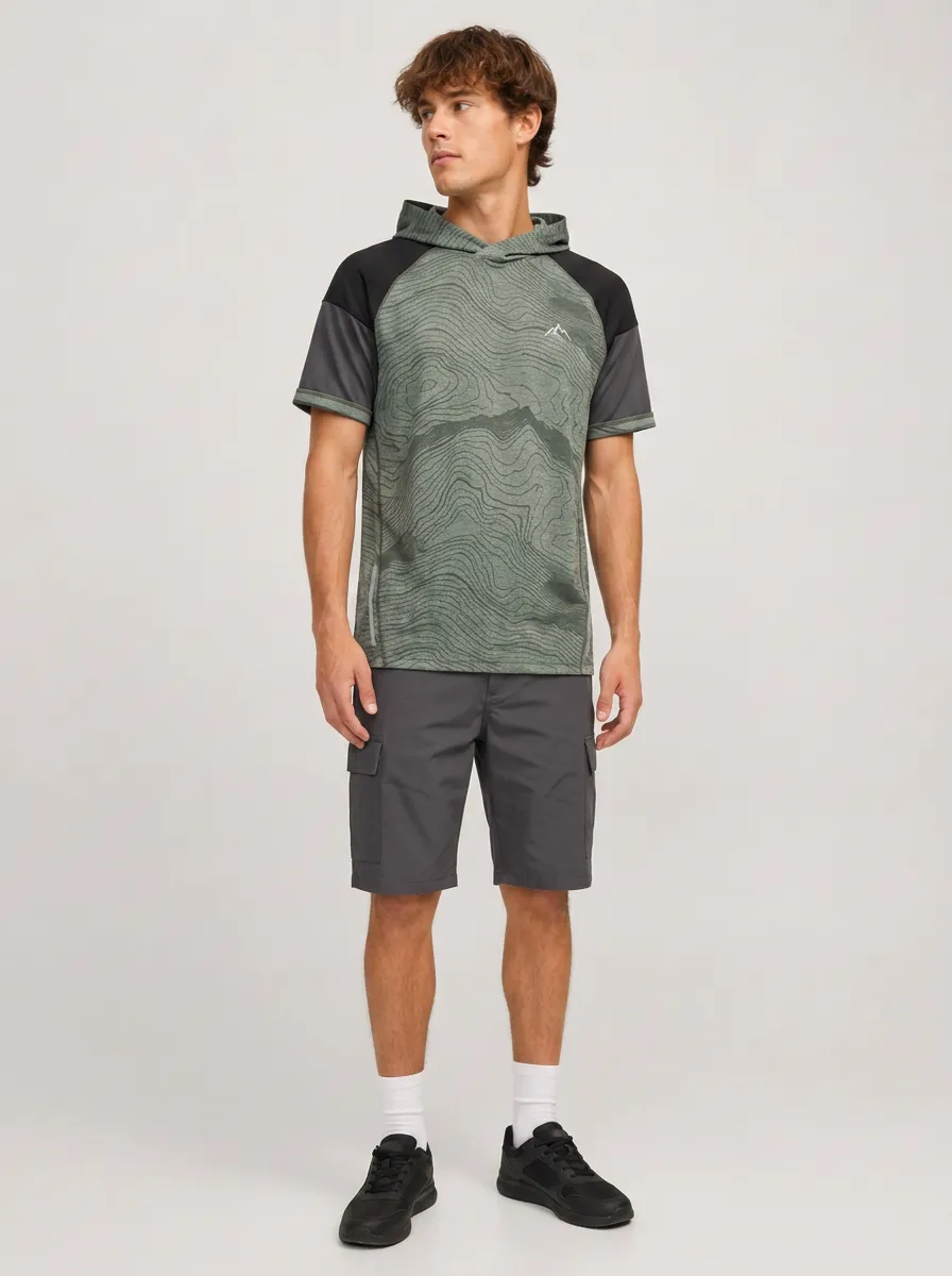 Men's Hiking Topographic Raglan Reflective-Accent Short Sleeve Hoodie