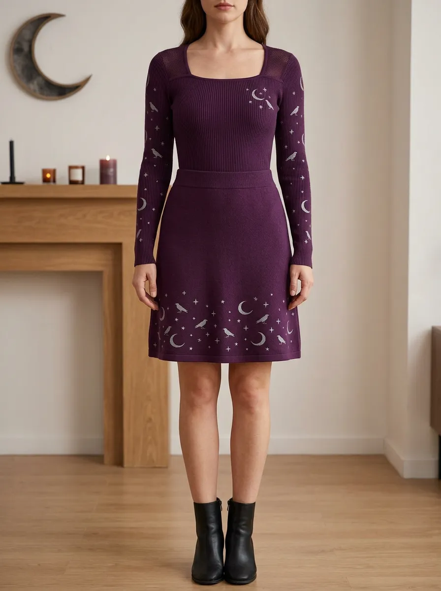 Women's Halloween Gothic Moon Star Raven Printed Knit Set