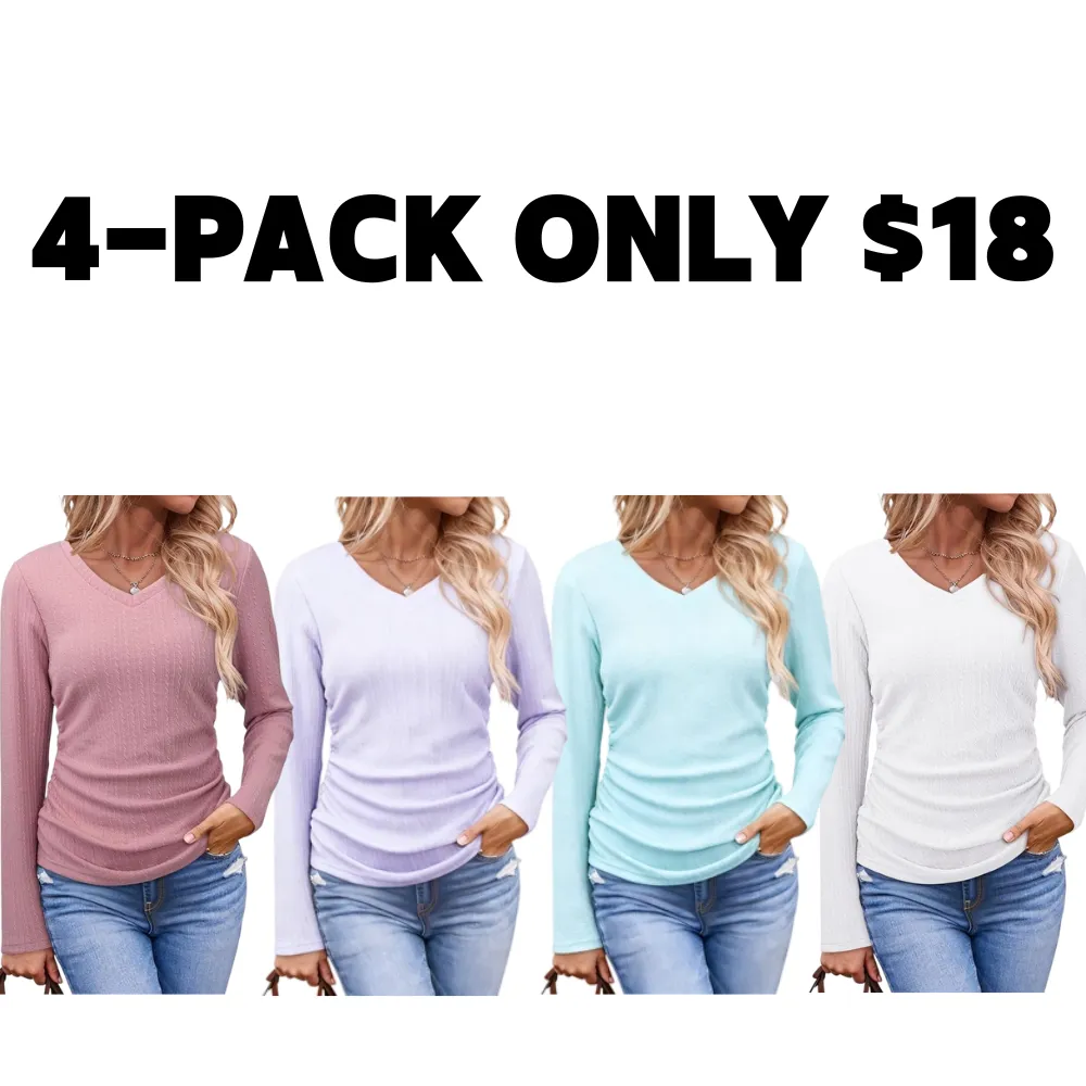 Womens Tops Casual V Neck Long Sleeve Shirts for Women Fashion Solid Ruched Basic Tunics Blouses