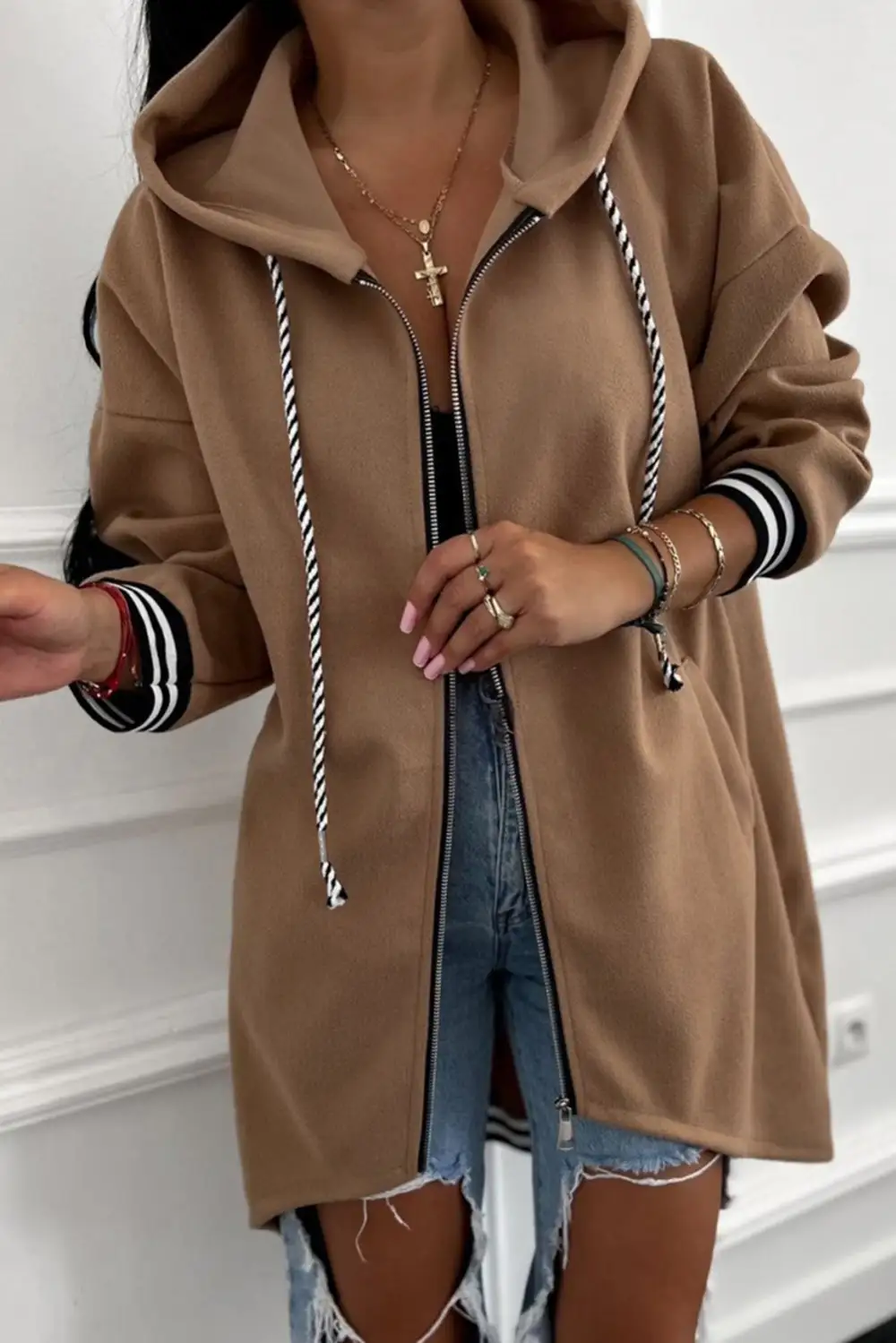 Relaxed Zip Detail Drop Shoulder Contrast Trim Hoodie