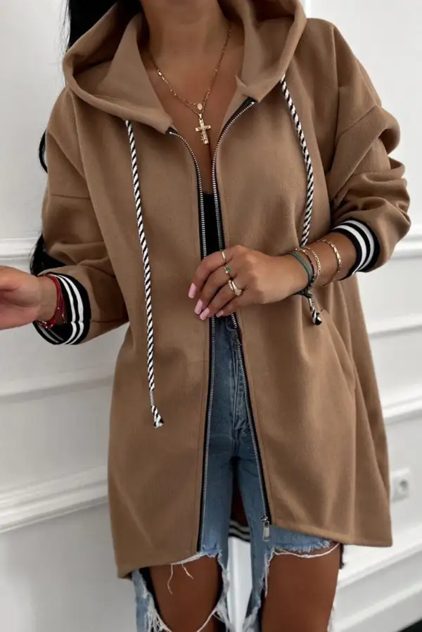 Relaxed Zip Detail Drop Shoulder Contrast Trim Hoodie