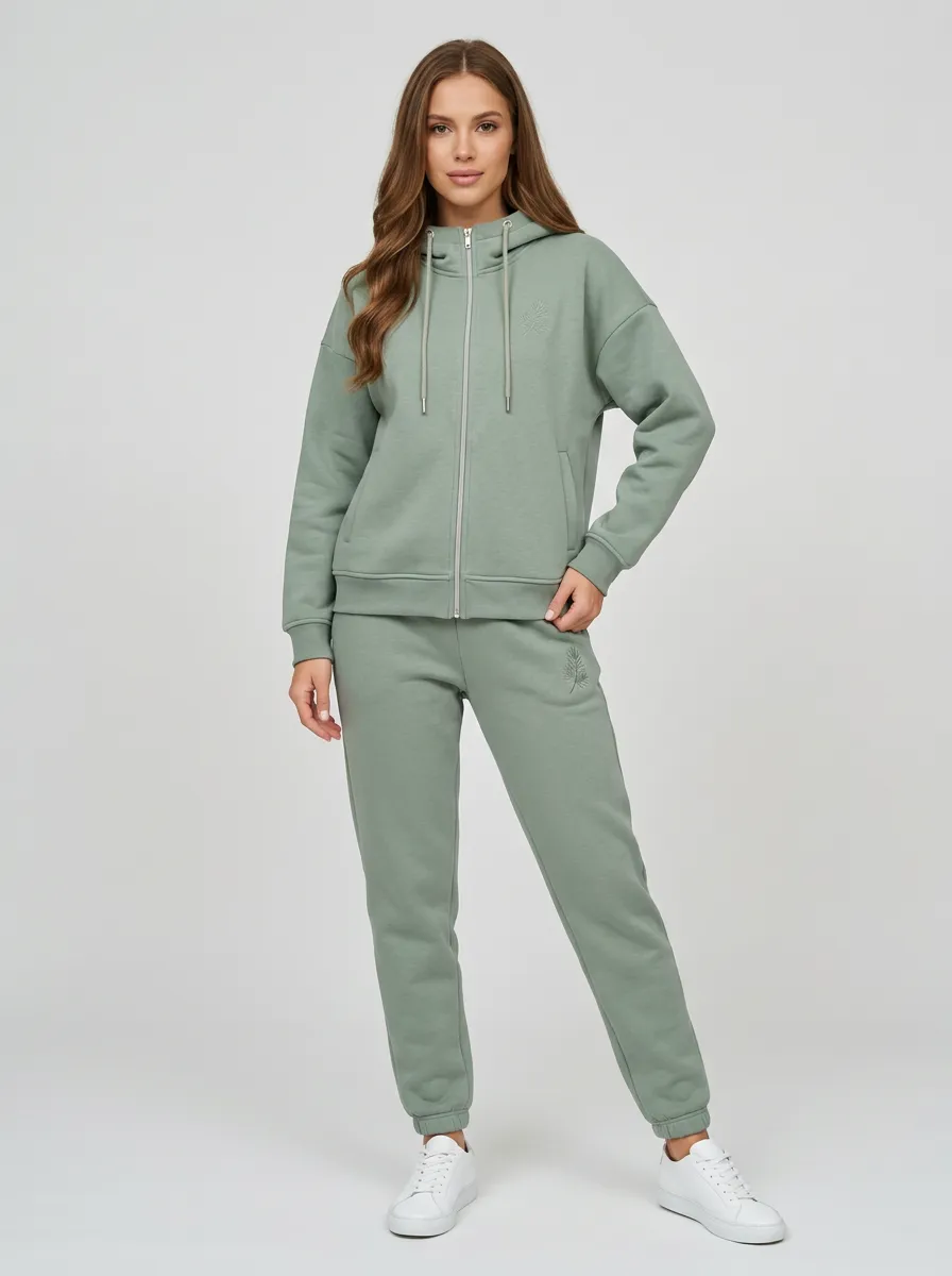 Women's Sage Green Elastic-Waist Joggers Drawstring Hood Zip-Up Hoodie Jacket & Jogger Set