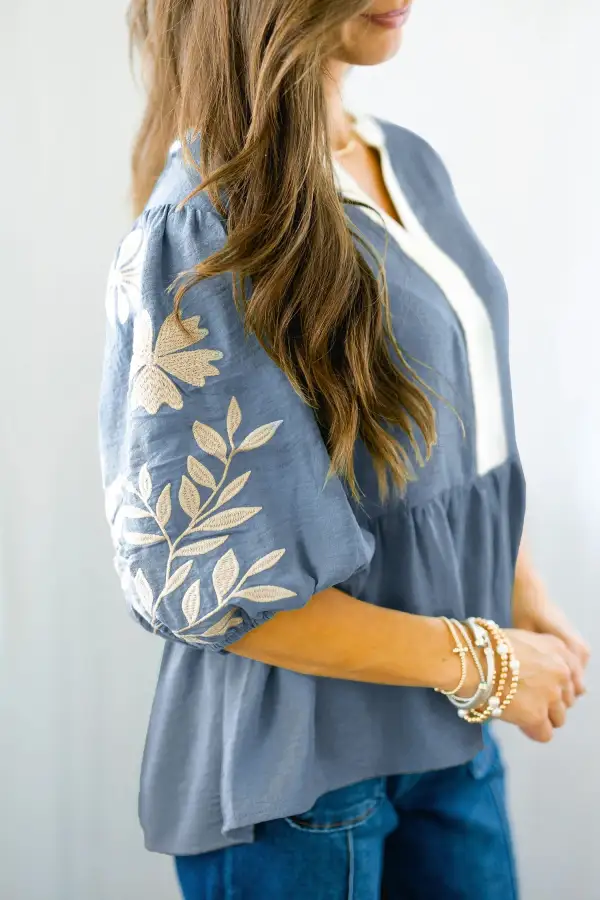 Myosotis Color Block Patchwork V Neck Embroidered Puff Sleeve Babydoll Blouse