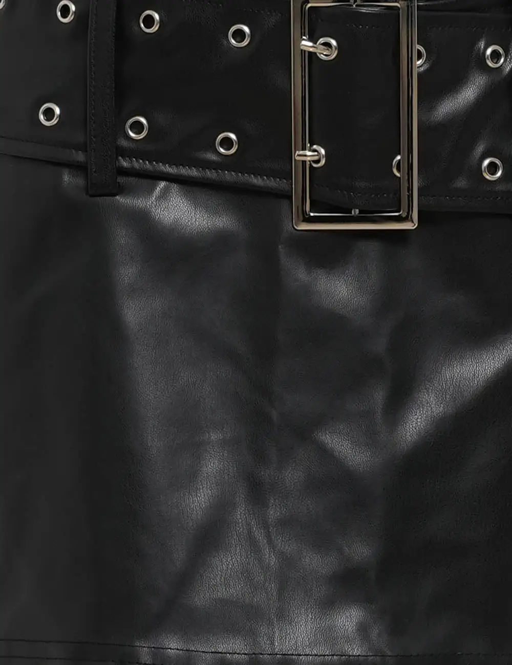 Faux Leather Metal Buckle Belted Eyelet Mini Skirt