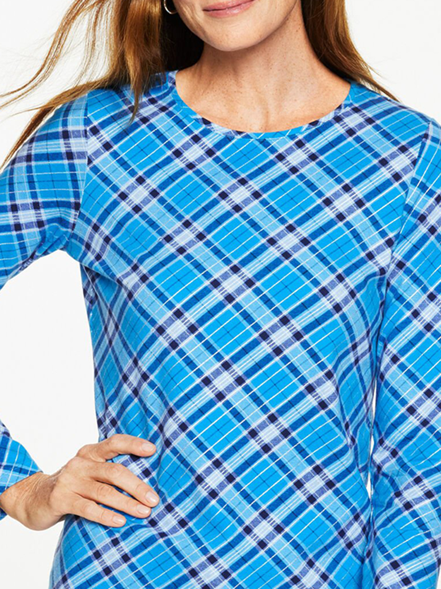 Women'S Sequined Plaid Pattern Round Neck Long Sleeve T-Shirt