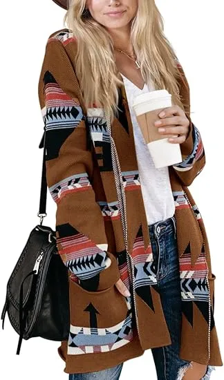 🧶 Women Boho Cardigan Aztec Open Front Long Sleeve Shawl Collar Sweater Coat✨ Effortlessly Boho. Warmth Meets Free Spirit.