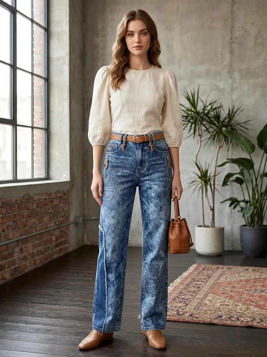 Women's Vintage Style Geometric Pattern Printed Acid Wash Jeans