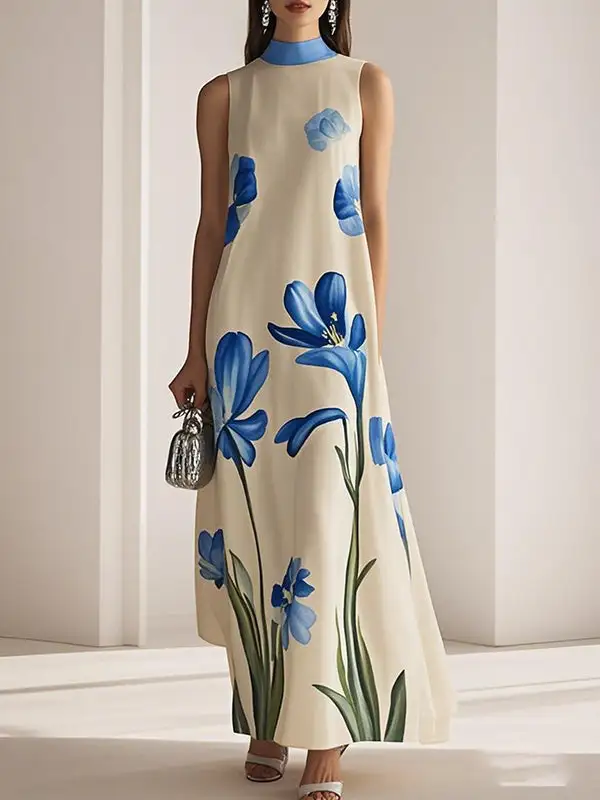 Print Sleeveless Neck Maxi Dress
