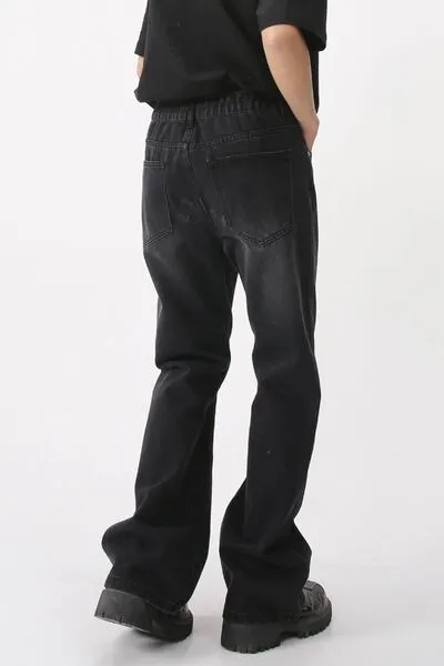 Mid-Rise Washed Elastic-Waist Stretch Straight Leg Jeans