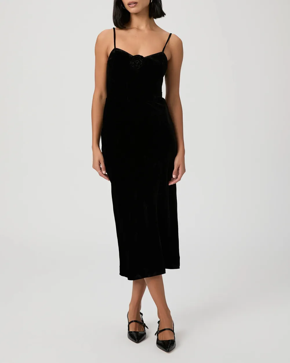 Black Velvet Spaghetti Strap Midi Dress