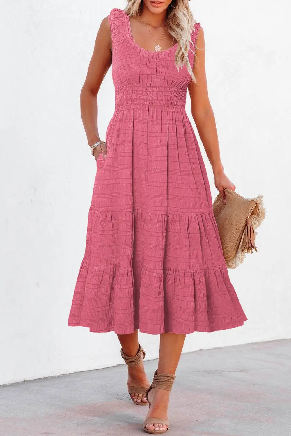 Gathered Detail Scoop Neck Midi Dress