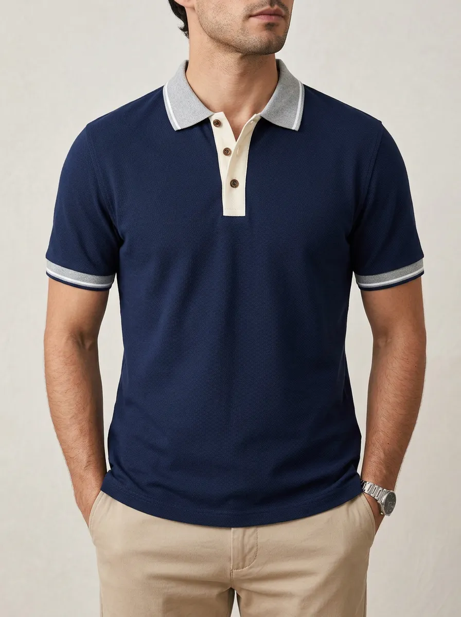 Men's Ribbed Textured Contrast-Collar Polo Shirt