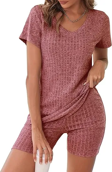 10PACK-Ribbed Pajama Short Sleeve Workout Set