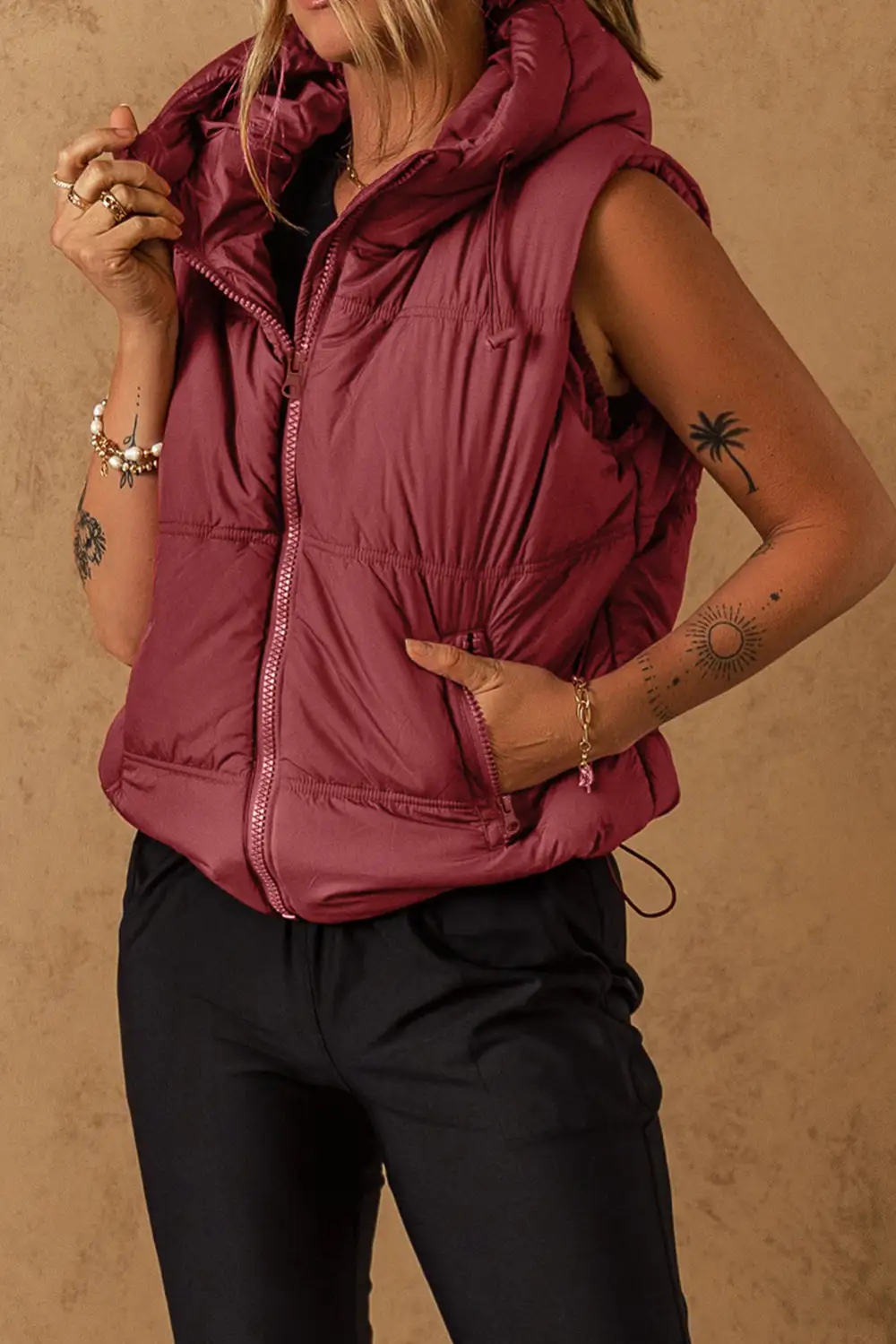 Zip Side Pocket Hooded Puffer Vest