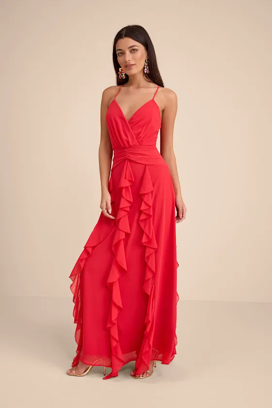 Astraea Red Surplice Ruffled Maxi Dress