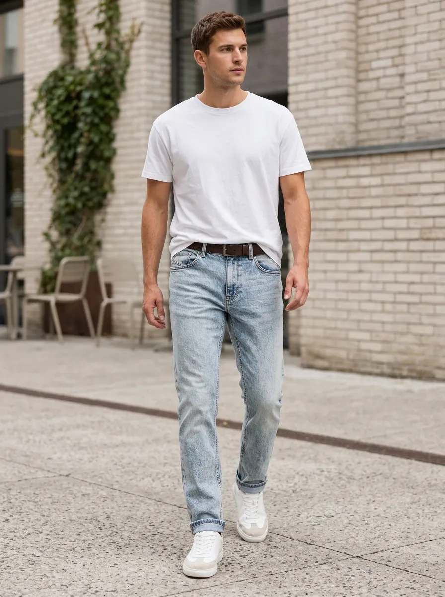 Men's Casual Fashion Light Wash Acid Denim Jeans