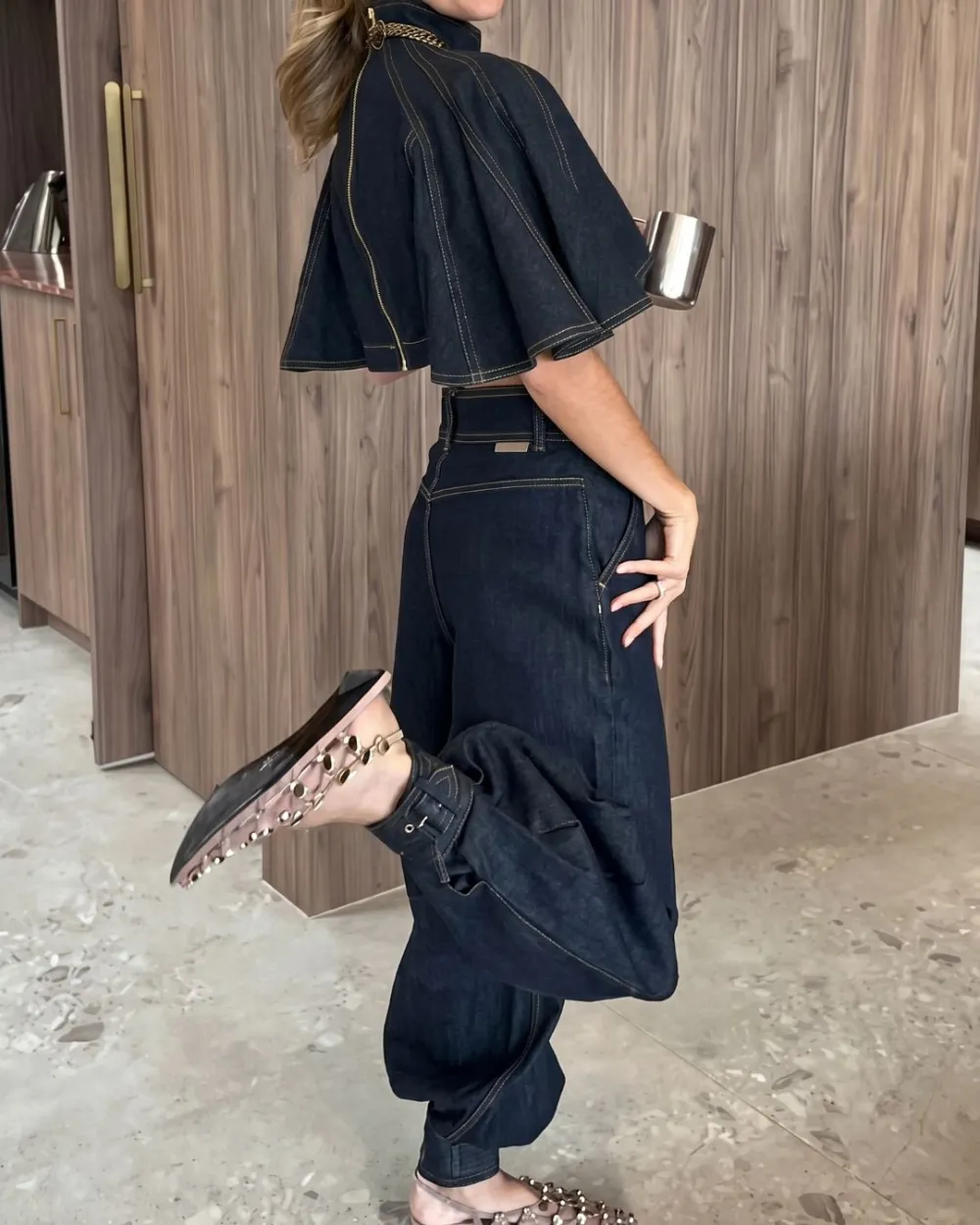 Modern Denim Capelet and High-Waist Tapered Pants Two-Piece Set