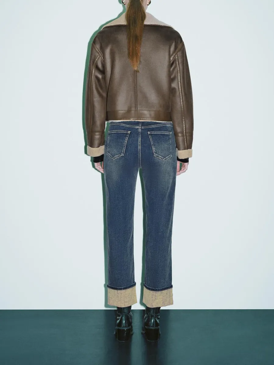 Lady's Brown Large Lapel Retro Leather Jacket