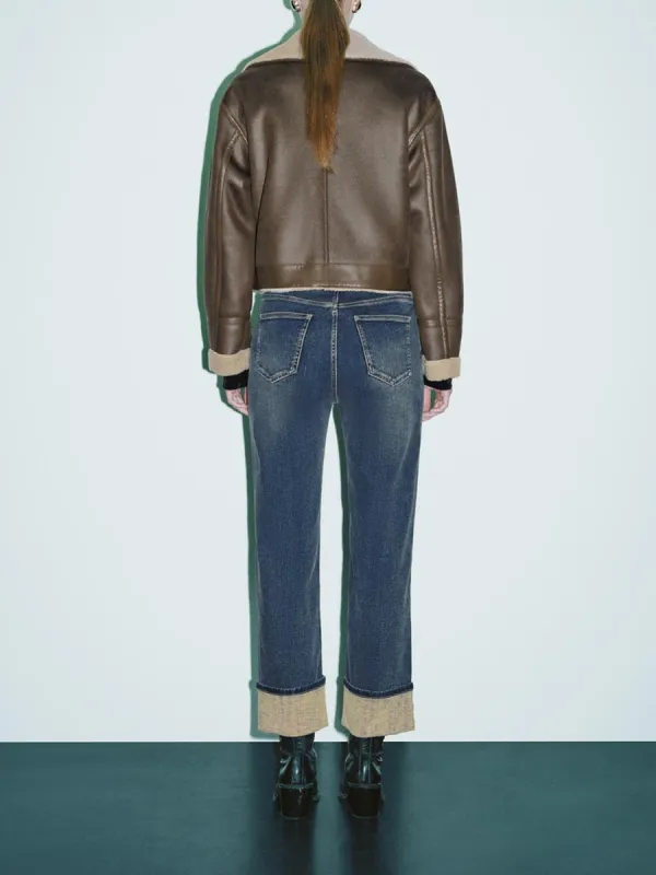 Lady's Brown Large Lapel Retro Leather Jacket