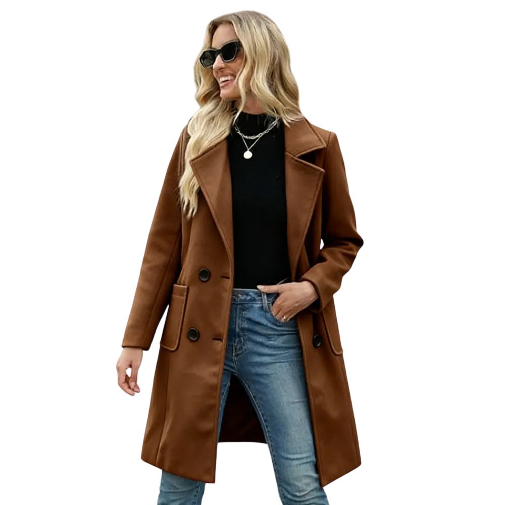 Women‘s Winter Wool Blend Camel Mid-Long Coat