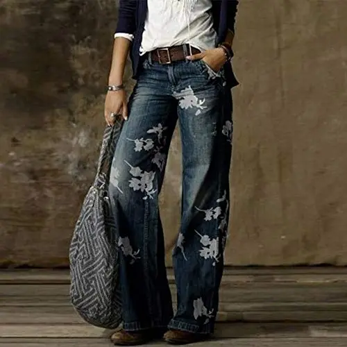 Wide Leg Denim Pants for Women, Camouflage Plaid Patchwork Print Streetwear Casual Comfort Straight Jeans Trouser