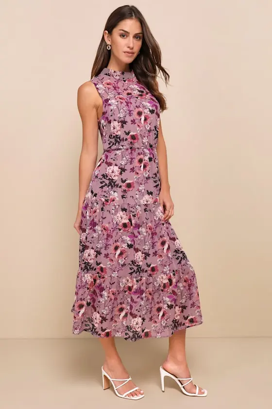In My Dreams Mauve Floral Print Midi Dress