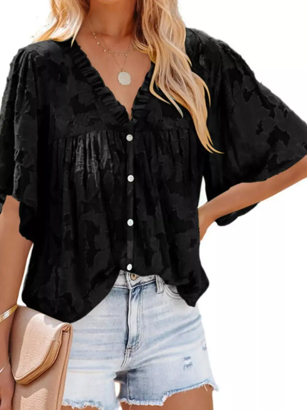 Textured V Neck Button Down Shirt Plus