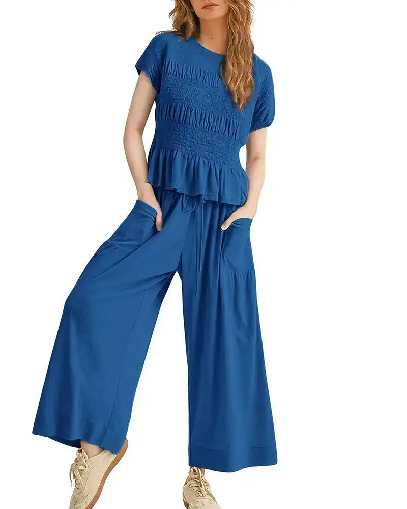 Smocked Peplum Top and Wide Leg Pants Two-Piece Set