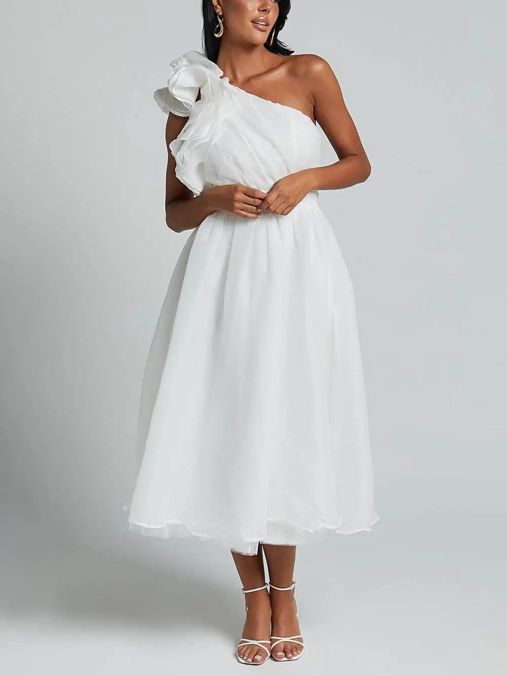 Romantic Seaside One Shoulder Frill Detail Midi Dress