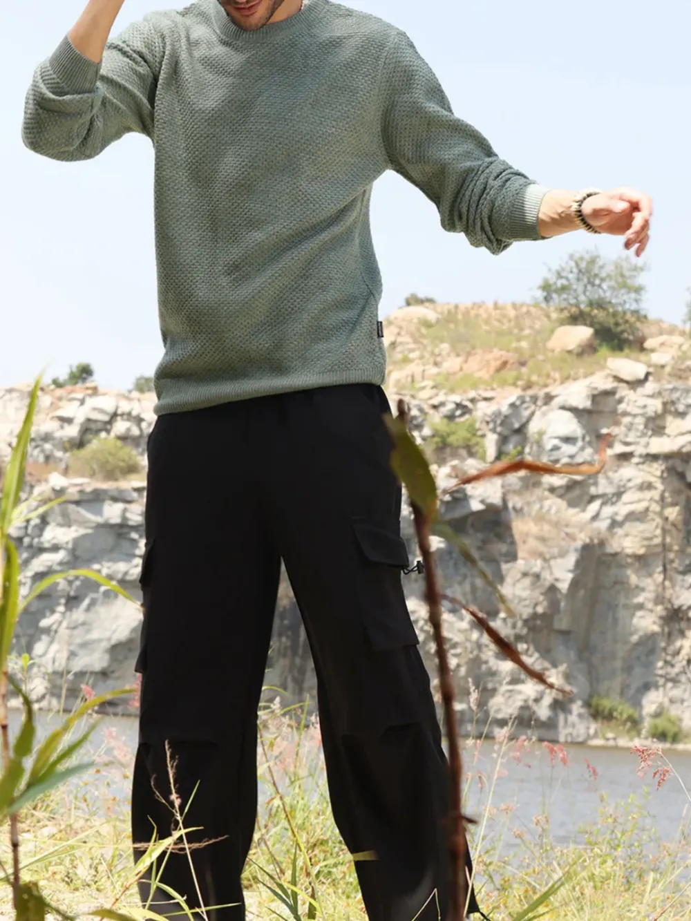 Green Textured Knit Pullover Sweater