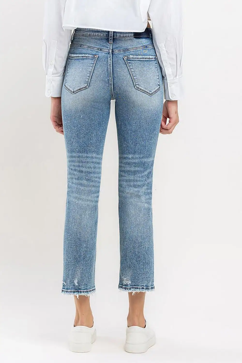 High-Rise Raw-Hem Washed Pocketed Slim Straight Jeans