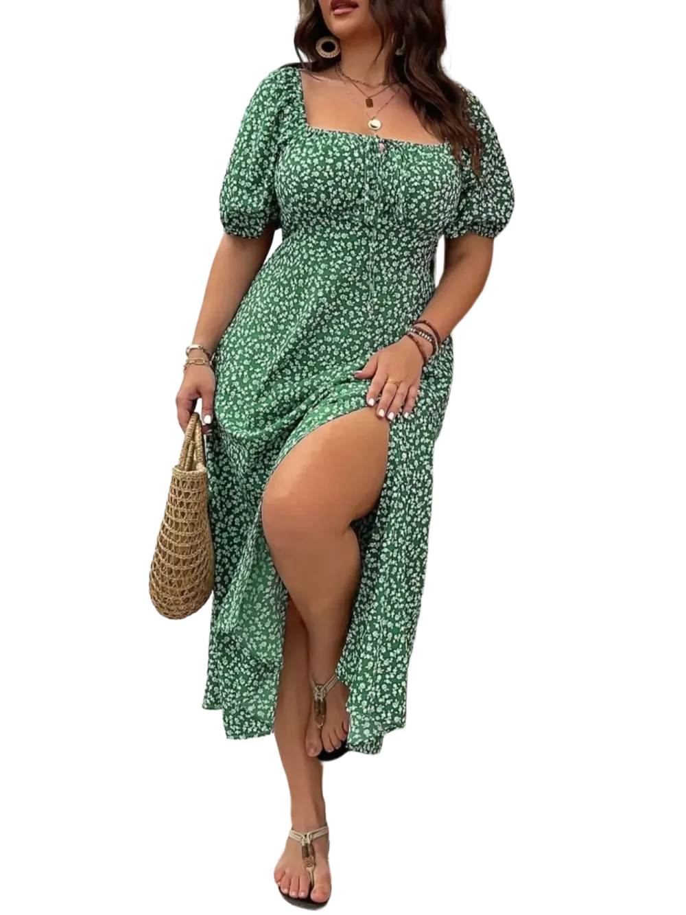 Women’s Ditsy Floral Puff Sleeve Split Dress Tie Front Summer Dress