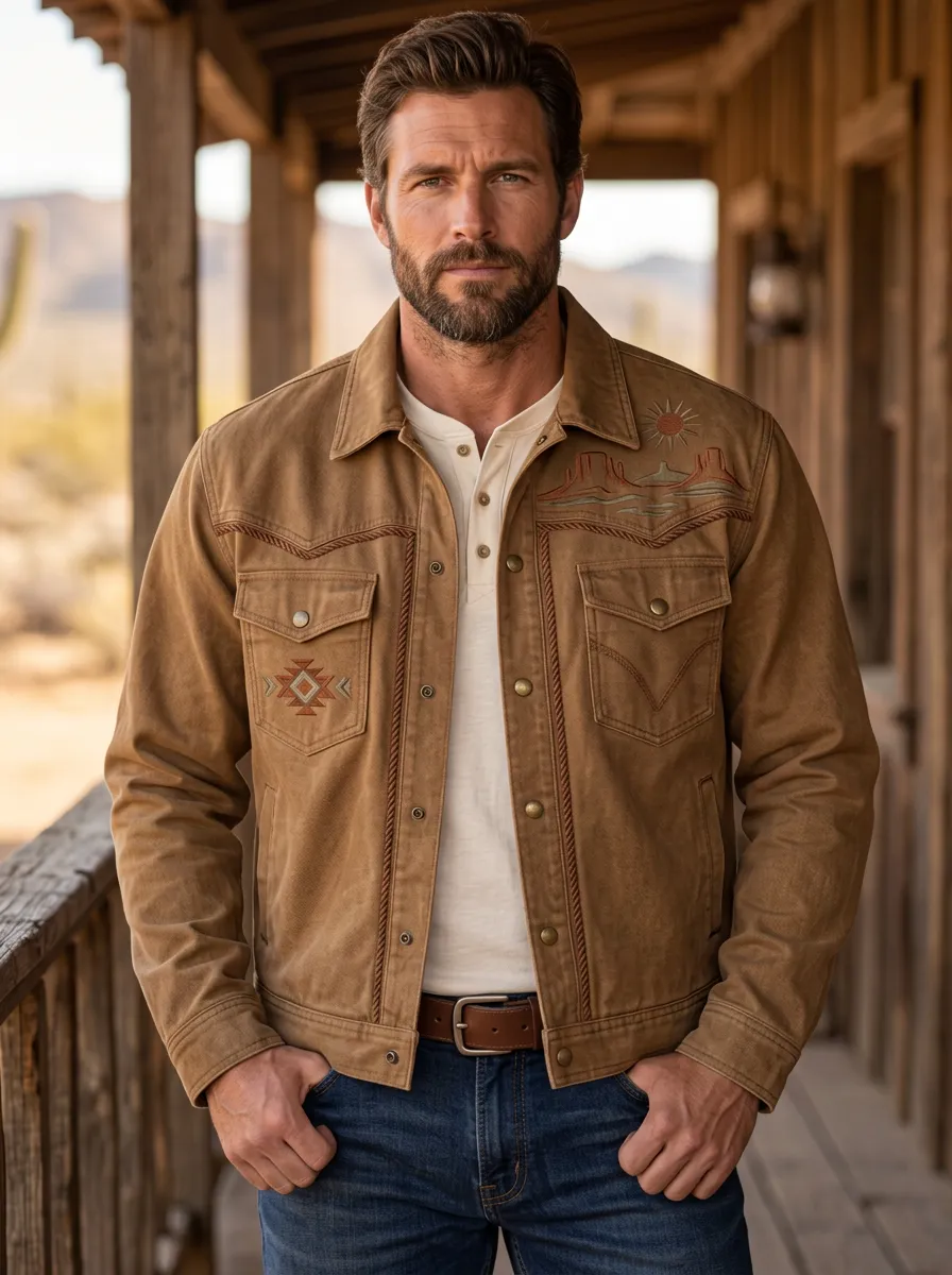 Men's Western Cowboy Desert Geometric Landscape Jacket