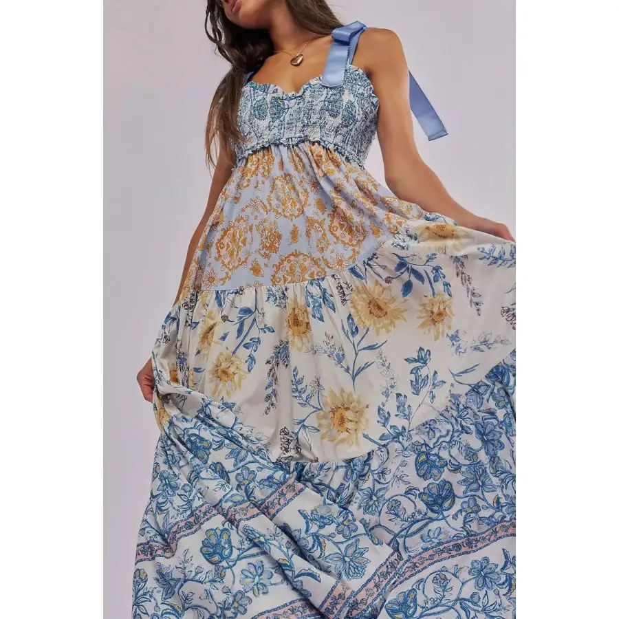 Floral Tiered Maxi Dress with Mixed Print Design