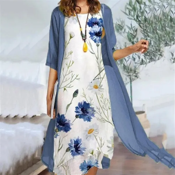 Fashion Floral Print Two Piece Dress