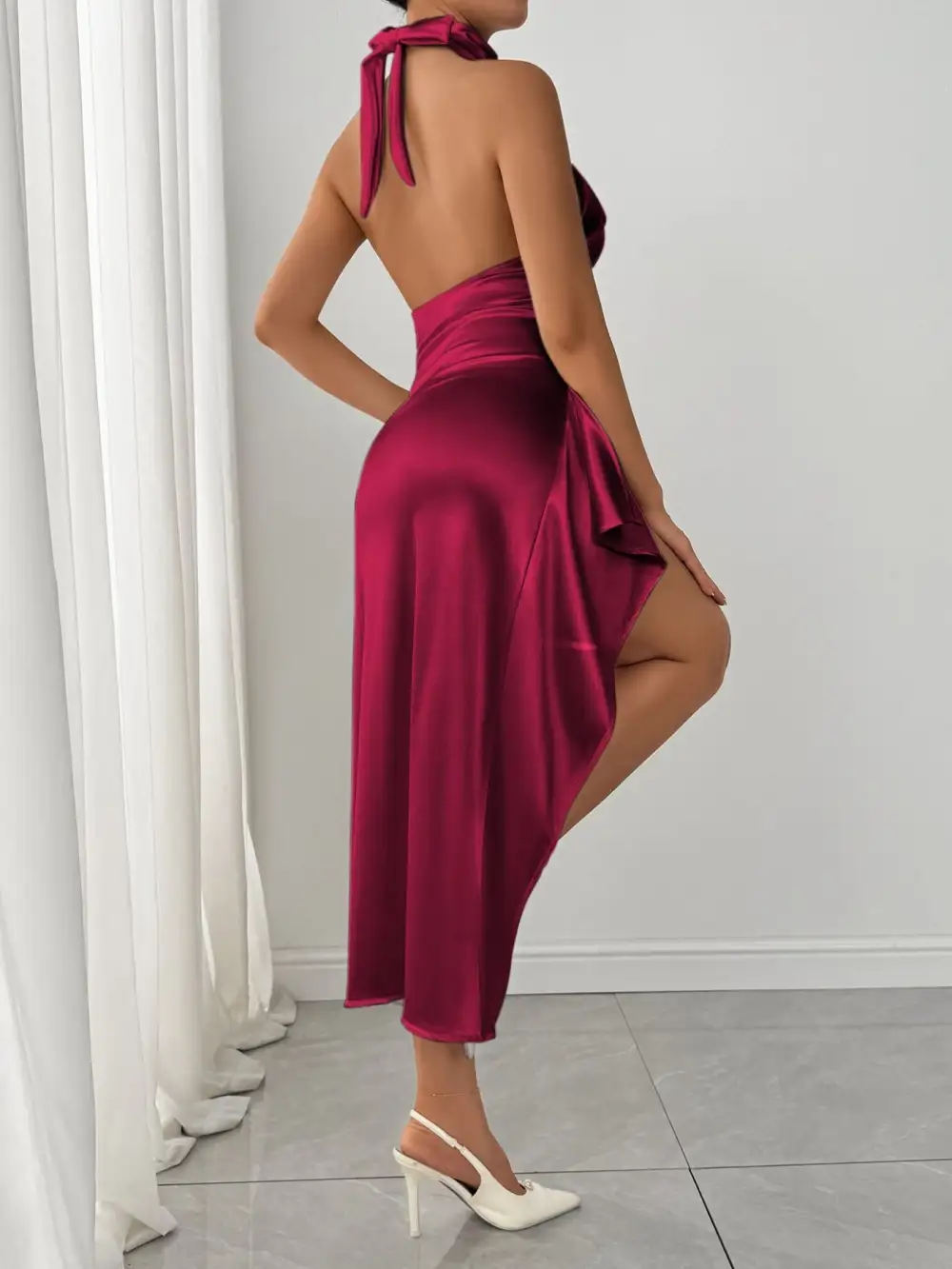 Ruched Halter Satin Casual Dress