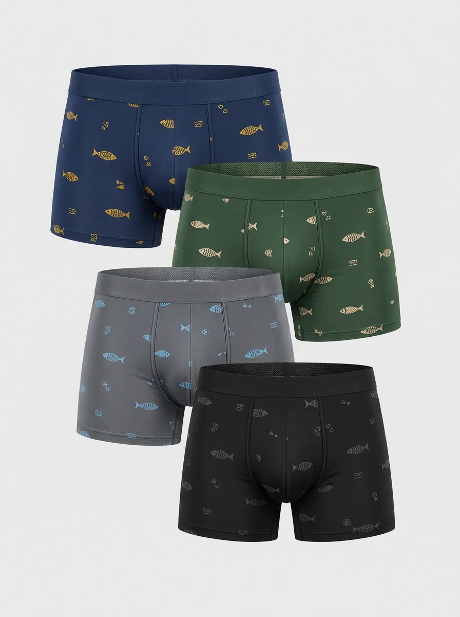 Men's Multicolor Fish Patterned Geometric Boxer Briefs 4-Pack