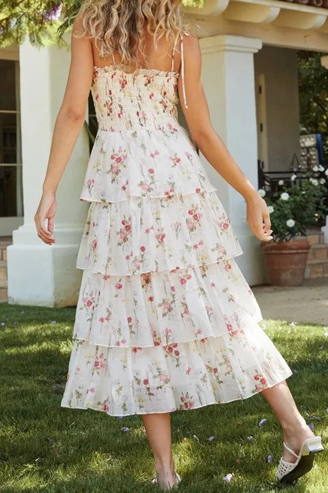 White Floral Tiered Ruffle Maxi Dress