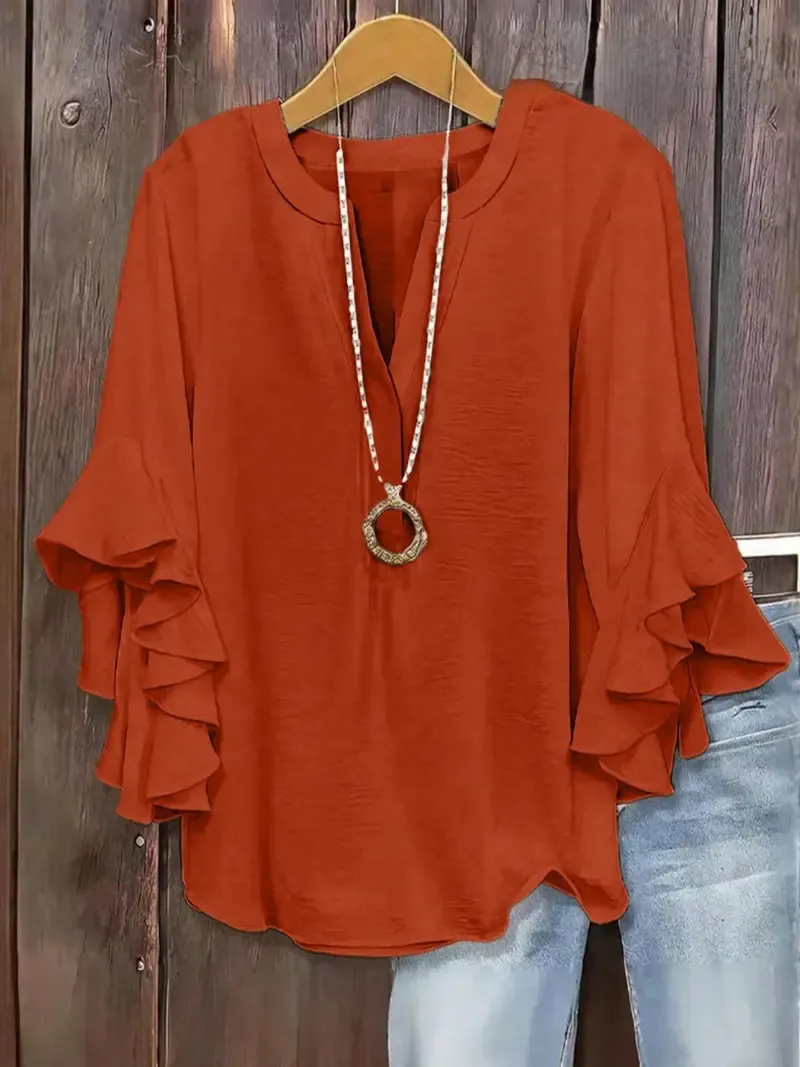 Plus-Size Women's Slim-Fit Shirt With Ruffled Sleeves And V-Neck