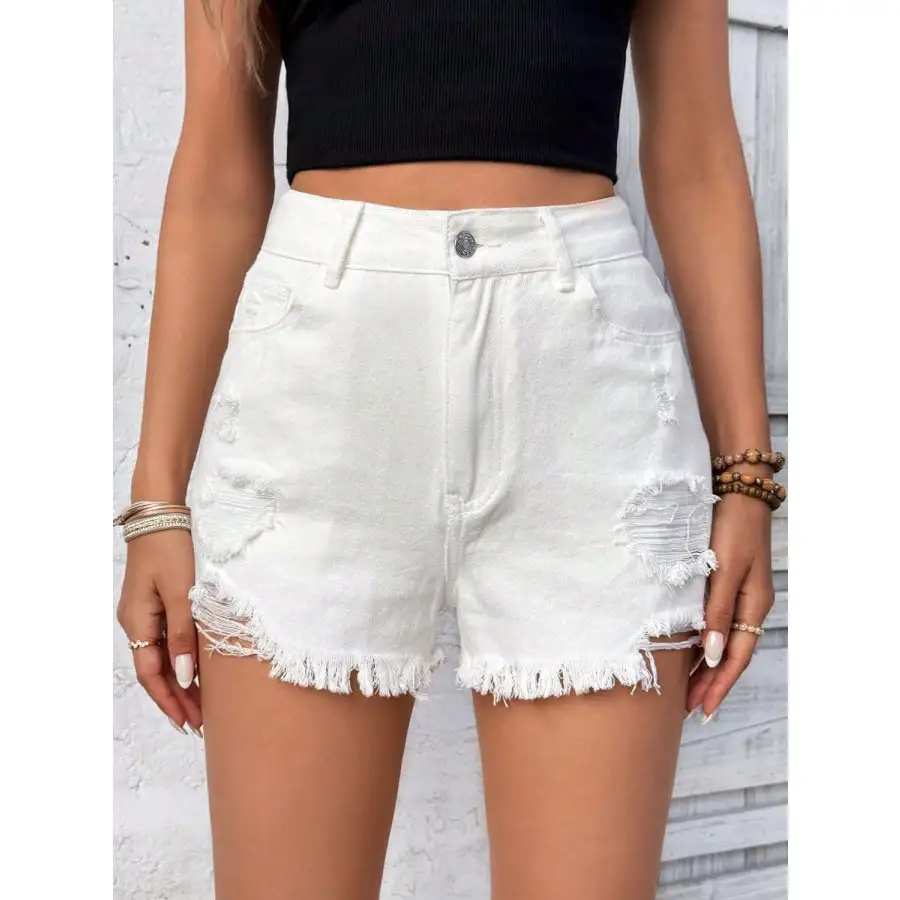 Distressed Raw Hem High Rise Denim Shorts