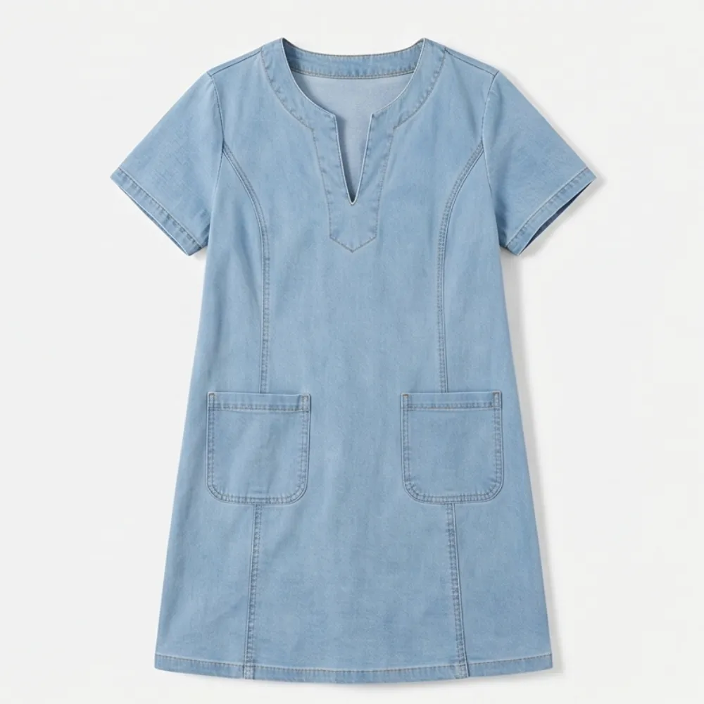 V Neck Pocket Denim Midi Dress