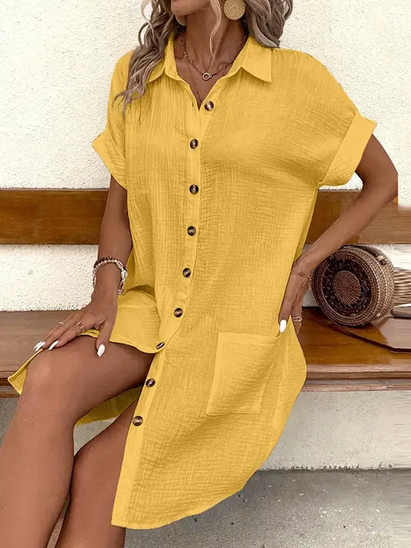 Relaxed Short Sleeve Buttoned Pocket Lapel Mini Dress