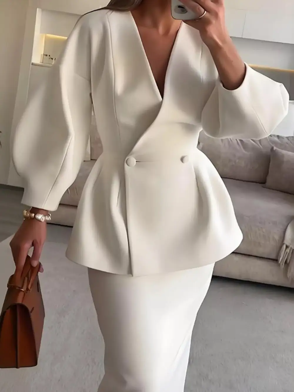 Double-Breasted Peplum Blazer Matching and Skirt Set