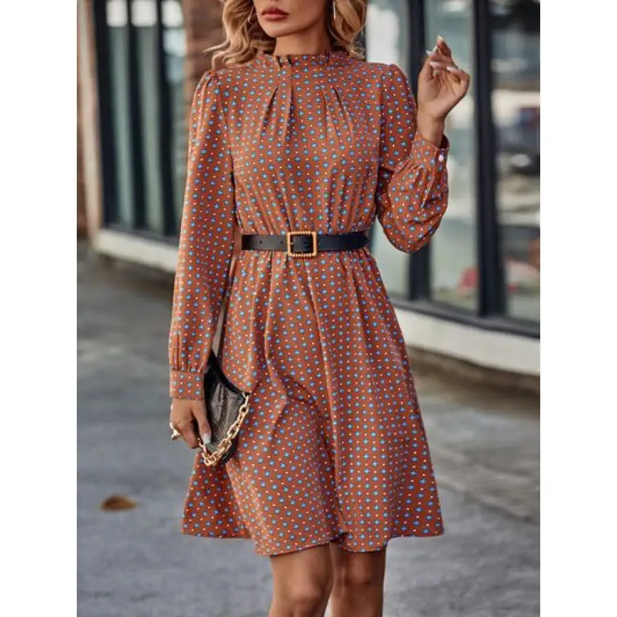Printed Ruched Mock Neck Long Sleeve Dress