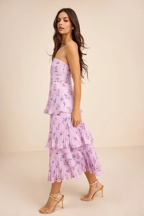Hadelyn Lavender Floral Pleated Tiered Midi Dress