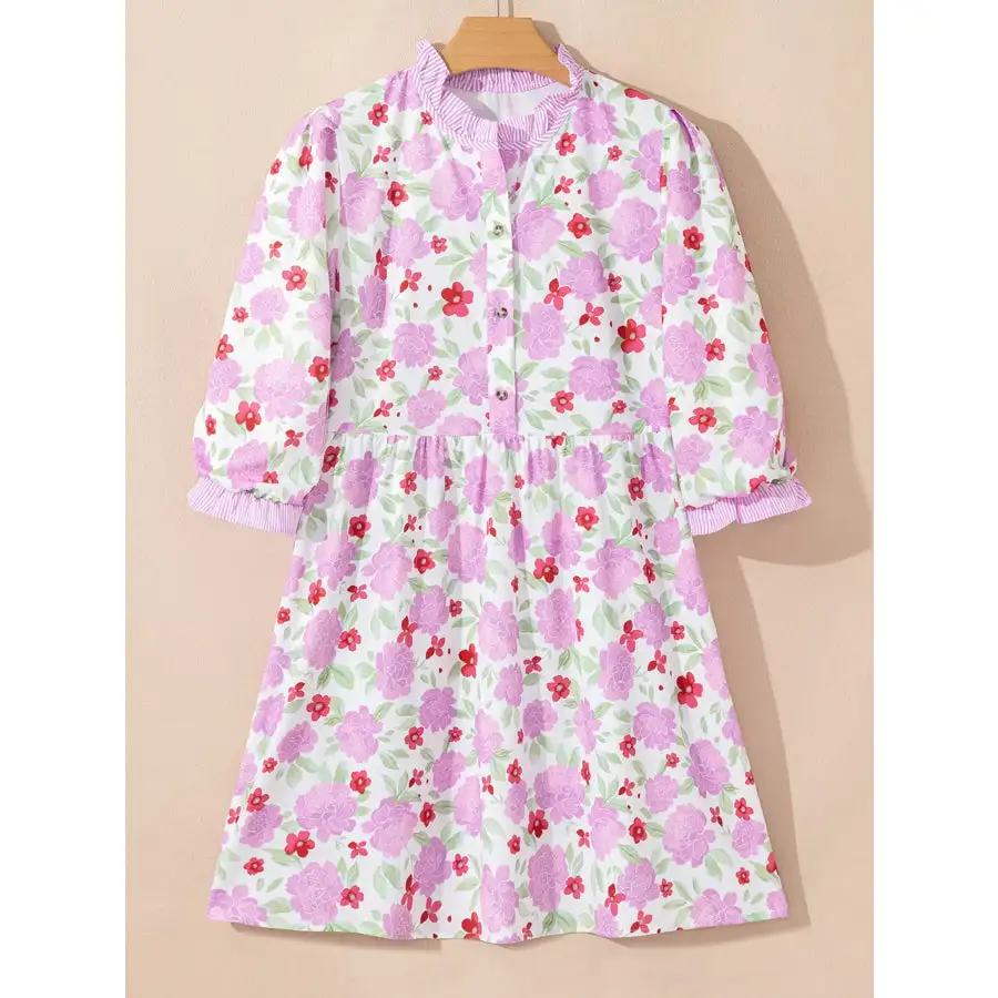 Print Trim Frilled Neck Sleeve Flared Mini Dress