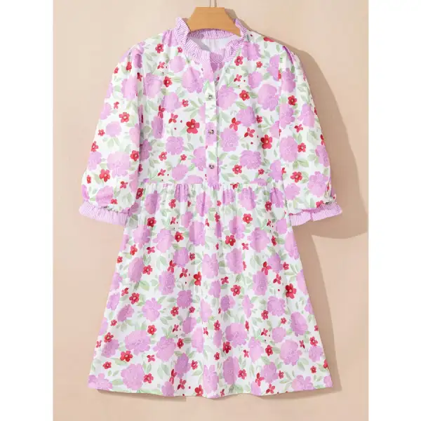 Print Trim Frilled Neck Sleeve Flared Mini Dress