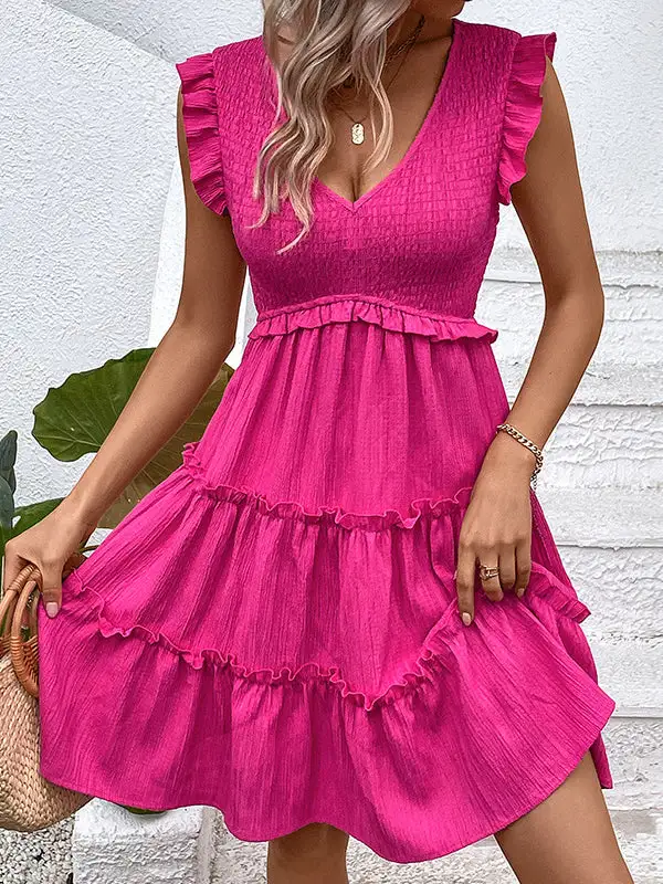Relaxed Sleeveless Ruffle Trim Solid Color Split Joint Deep V Neck